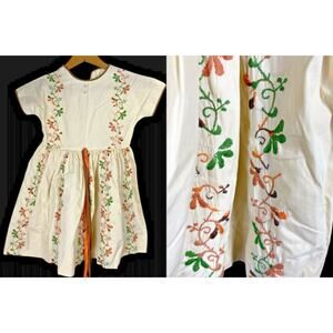 1950s Dress Girls Vintage 6 7 Embroidered Floral Fit & Flare Arts & Crafts